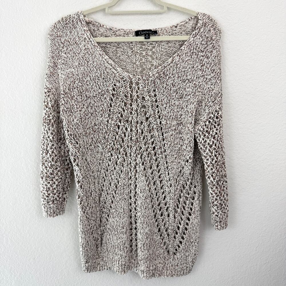 Chadwicks Womens Loose Knit Sweater Size M V Neck Beachy Summer Neutral Tan